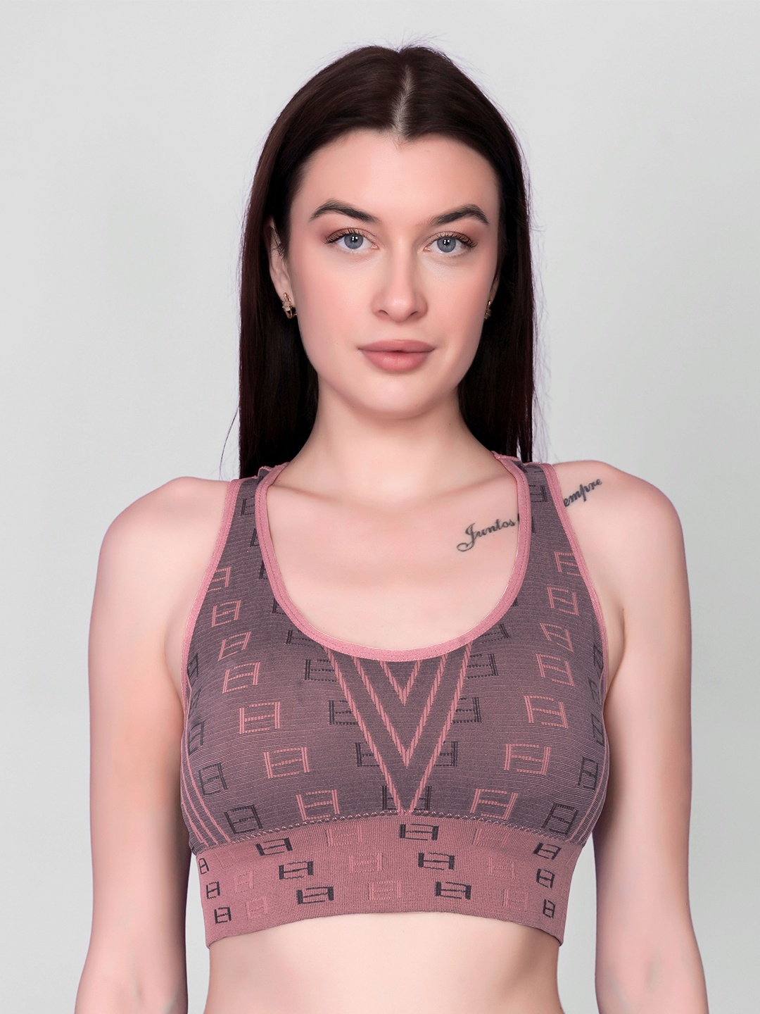 

Flenzy Woven Geometric Self Design Full Coverage Workout Bra, Pink