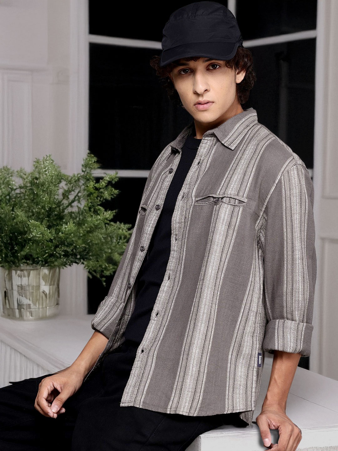 

The Roadster Lifestyle Co. Striped Pure Cotton Relaxed Shirt, Grey