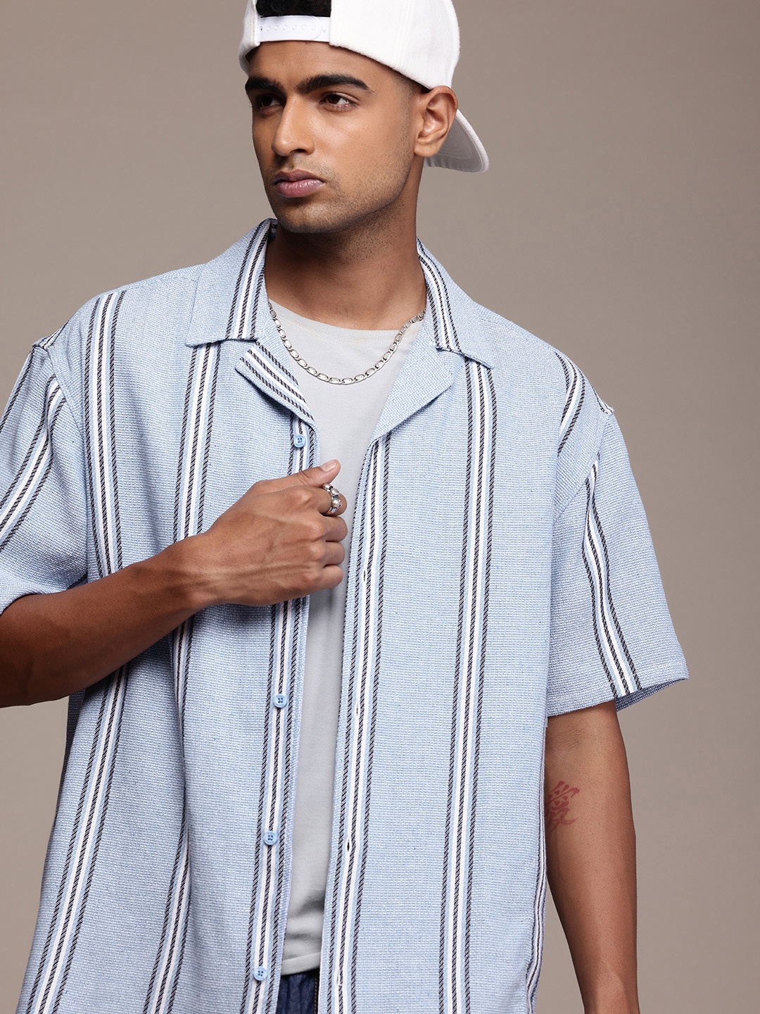 

The Roadster Life Co. Knitted Opaque Striped Relaxed Fit Casual Shirt, Blue