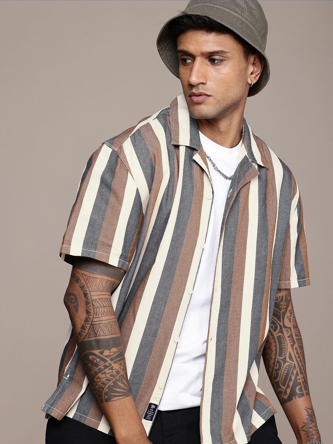 

The Roadster Life Co. Pure Cotton Striped Drop-Shoulder Sleeves Relaxed Fit Casual Shirt, Beige