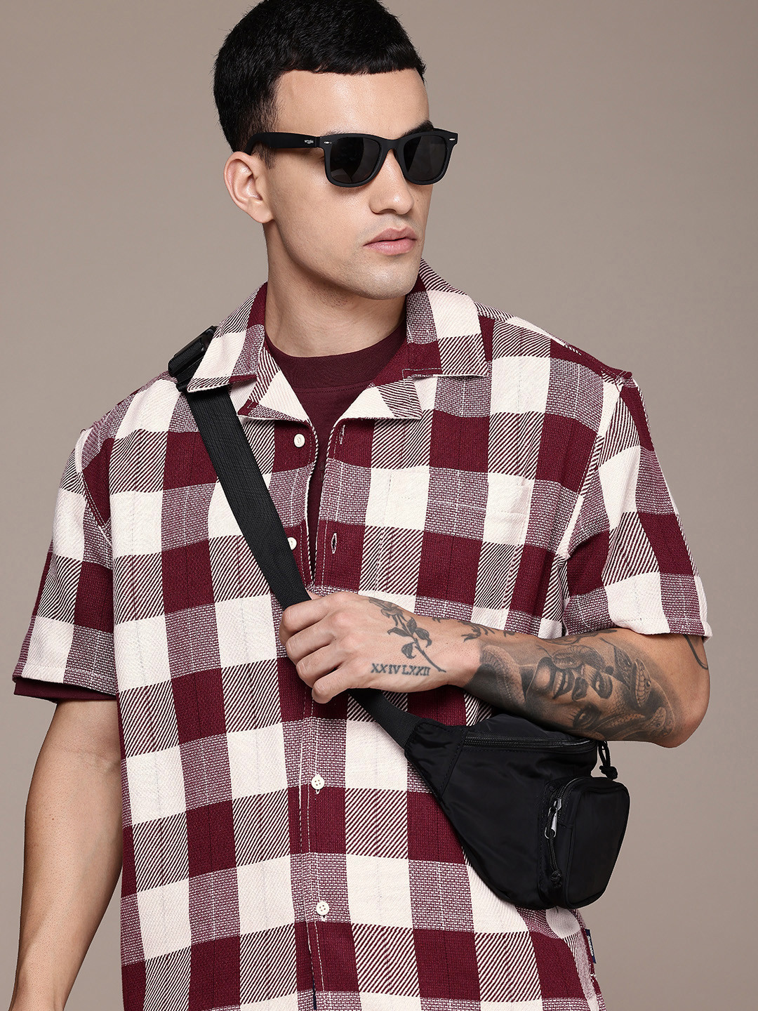 

The Roadster Life Co. Relaxed Fit Checked Drop-Shoulder Sleeves Cuban Collar Casual Shirt, Maroon