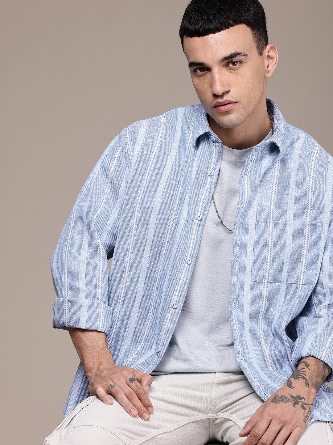 

The Roadster Life Co. Drop-Shoulder Relaxed Fit Knitted Casual Shirt, Blue
