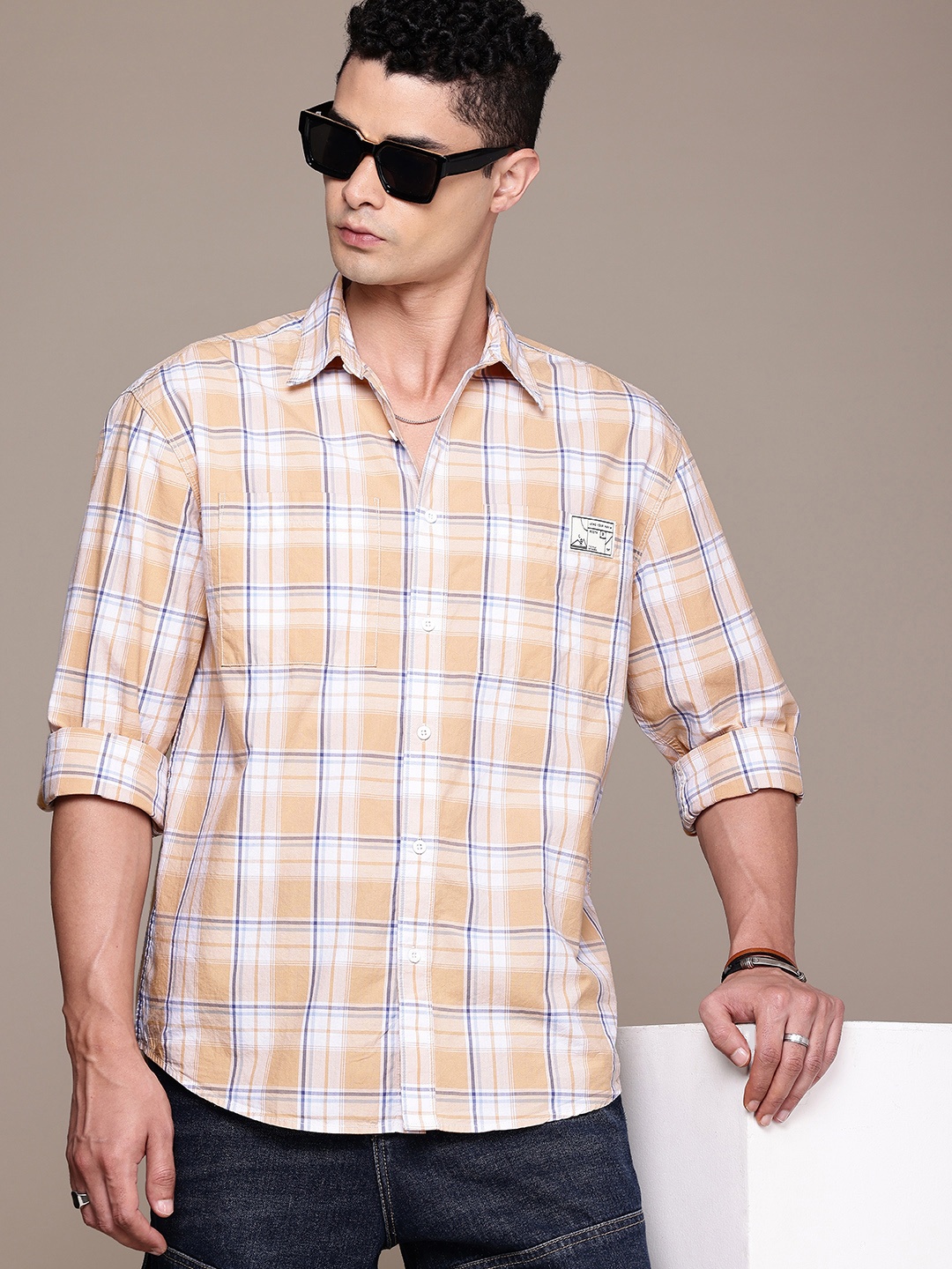 

The Roadster Life Co. Pure Cotton Tartan Checks Opaque Relaxed Fit Casual Shirt, Beige