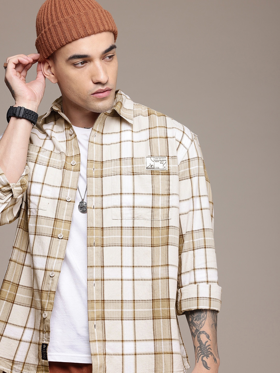 

The Roadster Life Co. Pure Cotton Opaque Checked Casual Shirt, Beige