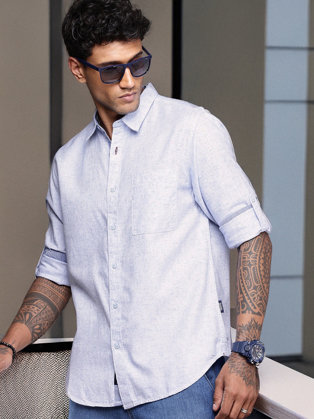 

The Roadster Life Co. Textured Self Design Roll-Up Sleeves Casual Shirt, Blue