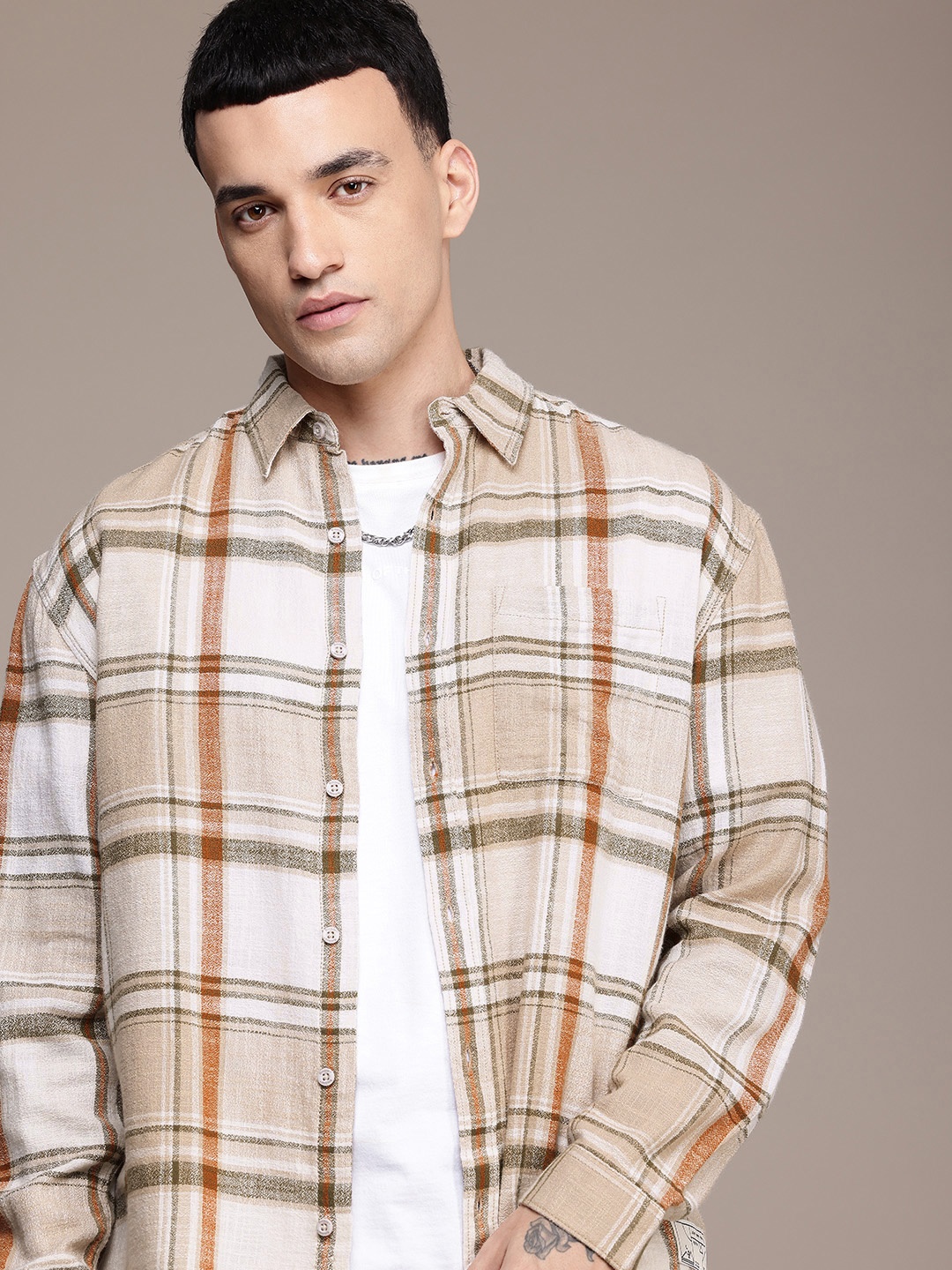 

The Roadster Life Co. Pure Cotton Relaxed Fit Checked Casual Shirt, Beige