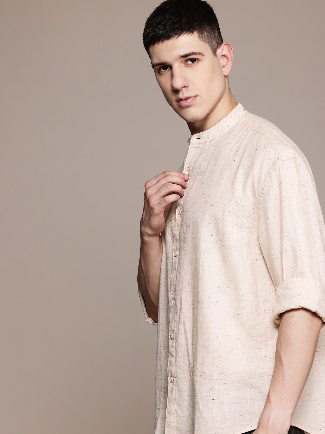 

The Roadster Lifestyle Co. Band Collar Relaxed Fit Shirt, Beige