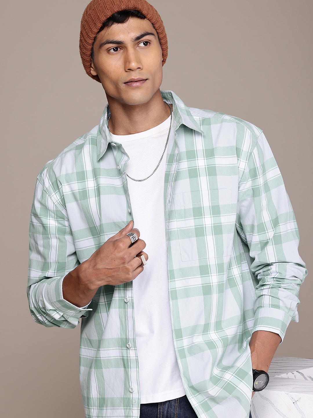 

The Roadster Life Co. Tartan Checks Opaque Pure Cotton Relaxed Fit Casual Shirt, Green