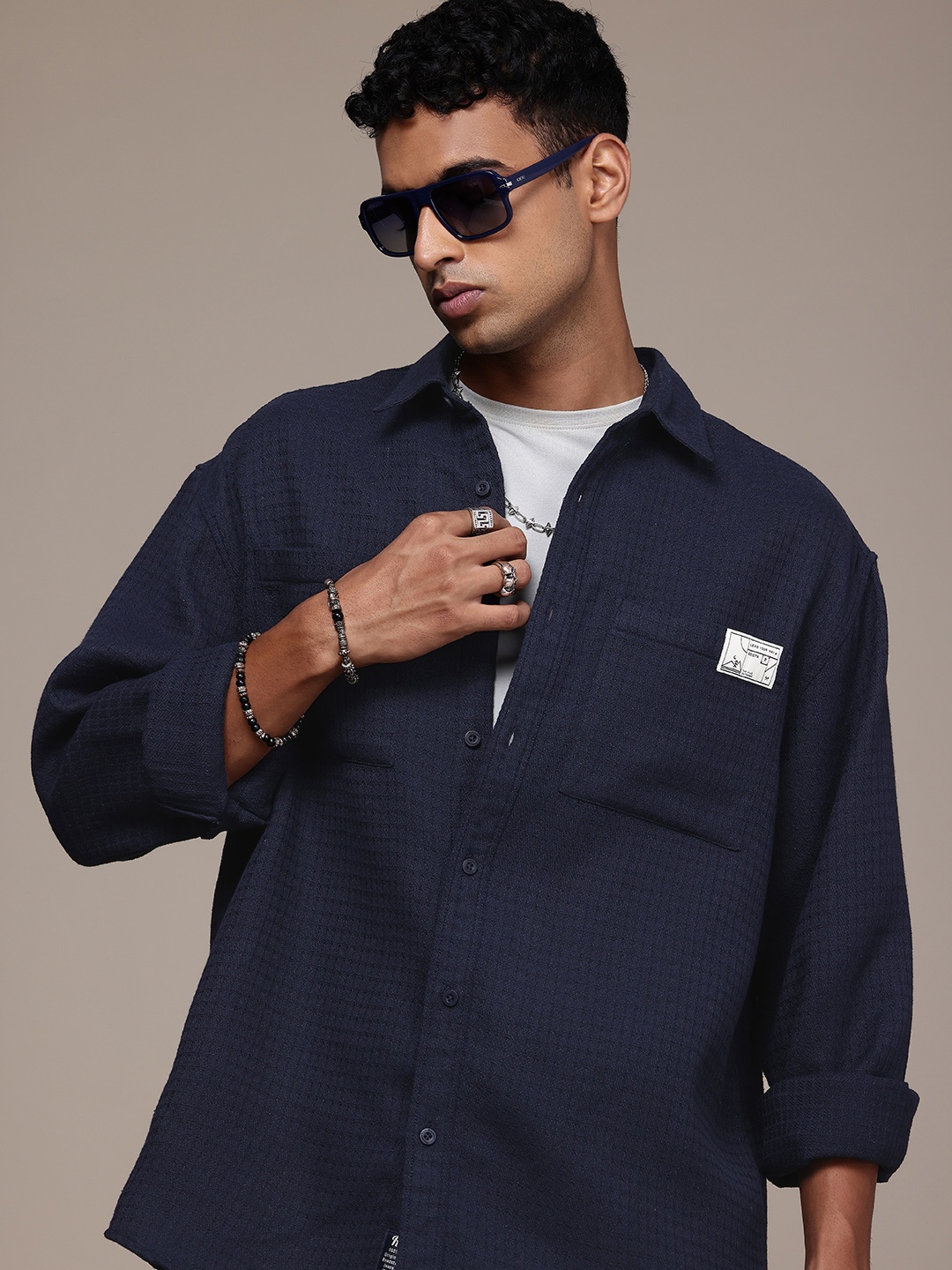 

The Roadster Life Co. Relaxed Fit Knitted Casual Shirt, Navy blue