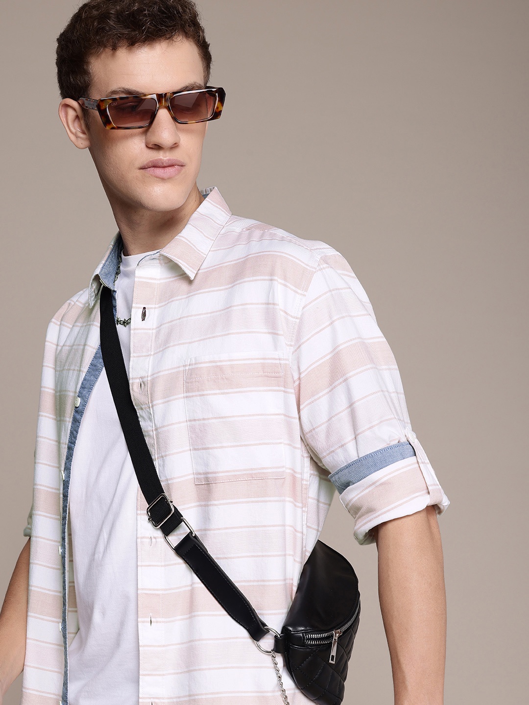 

The Roadster Life Co. Horizontal Stripes Roll-Up Sleeves Casual Shirt, White