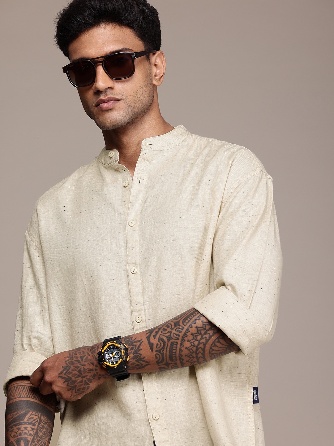 

The Roadster Life Co. Relaxed Fit Band Collar Casual Shirt, Beige