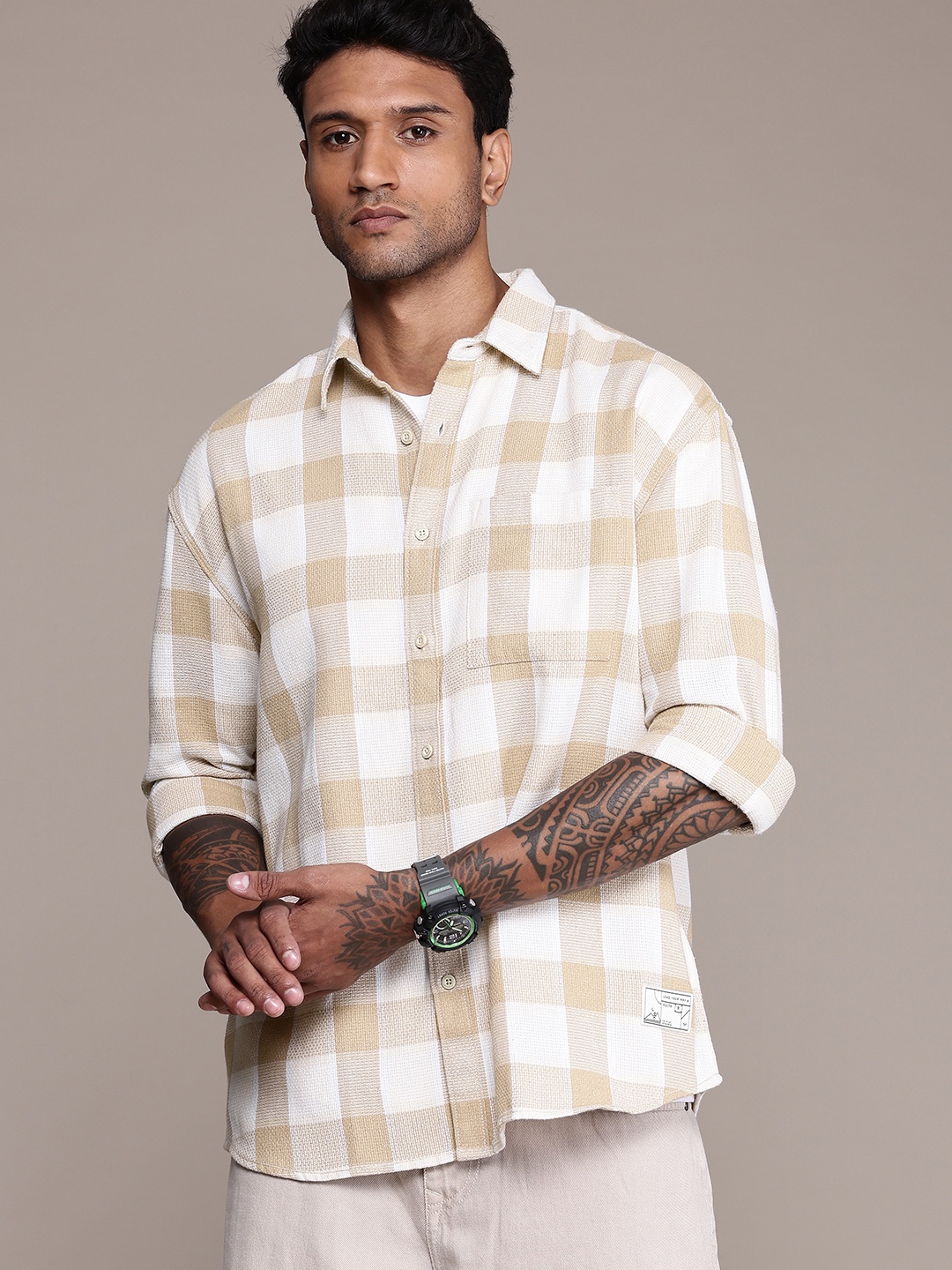 

The Roadster Life Co. Buffalo Checked Relaxed Fit Casual Shirt, Beige
