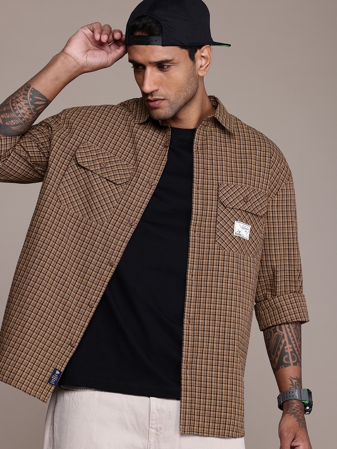 

The Roadster Life Co. Pure Cotton Checked Relaxed Fit Casual Shirt, Brown