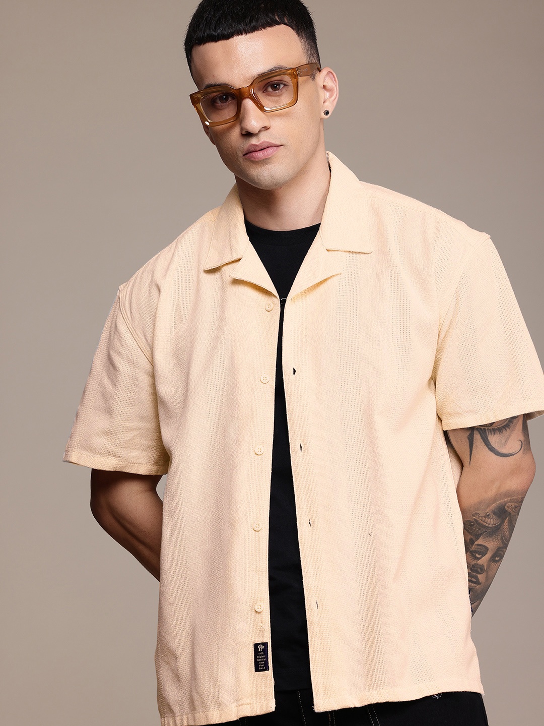 The Roadster Life Co. Relaxed Fit Cuban Collar Casual Shirt, Beige