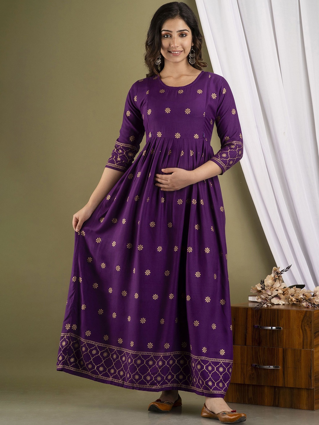 

Mialo fashion Ethnic Motifs Printed Maternity Ethnic Maxi Dress, Purple