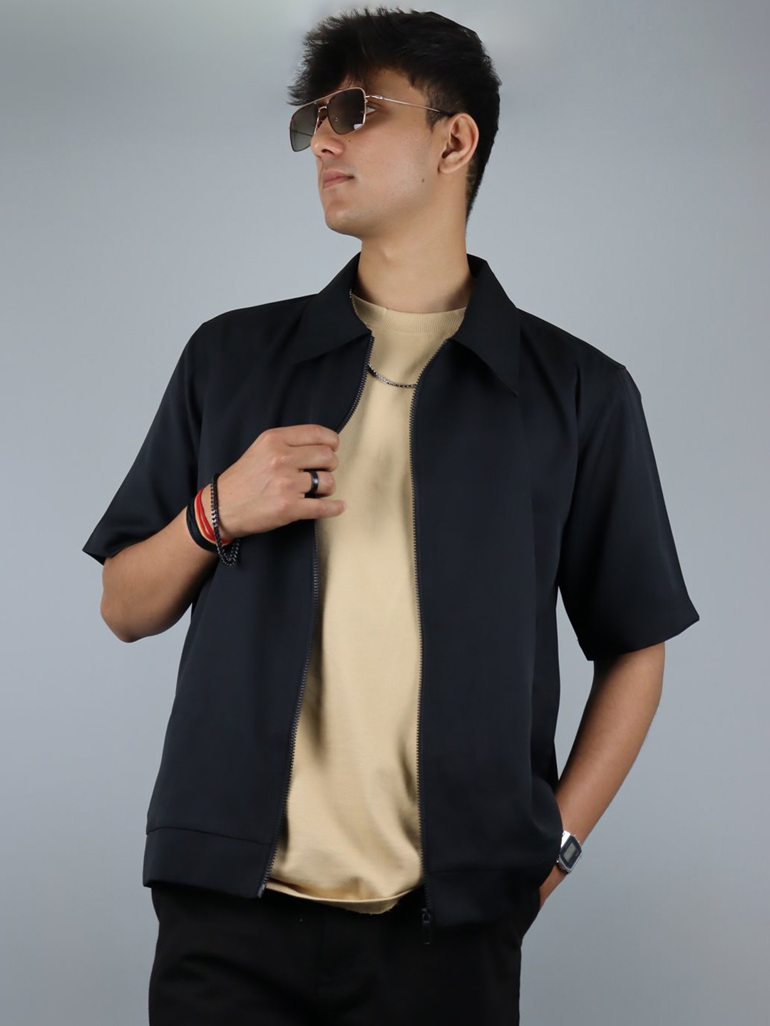 

EKSDEE Men Colourblocked Lightweight Crop Bomber with Patchwork Jacket, Black