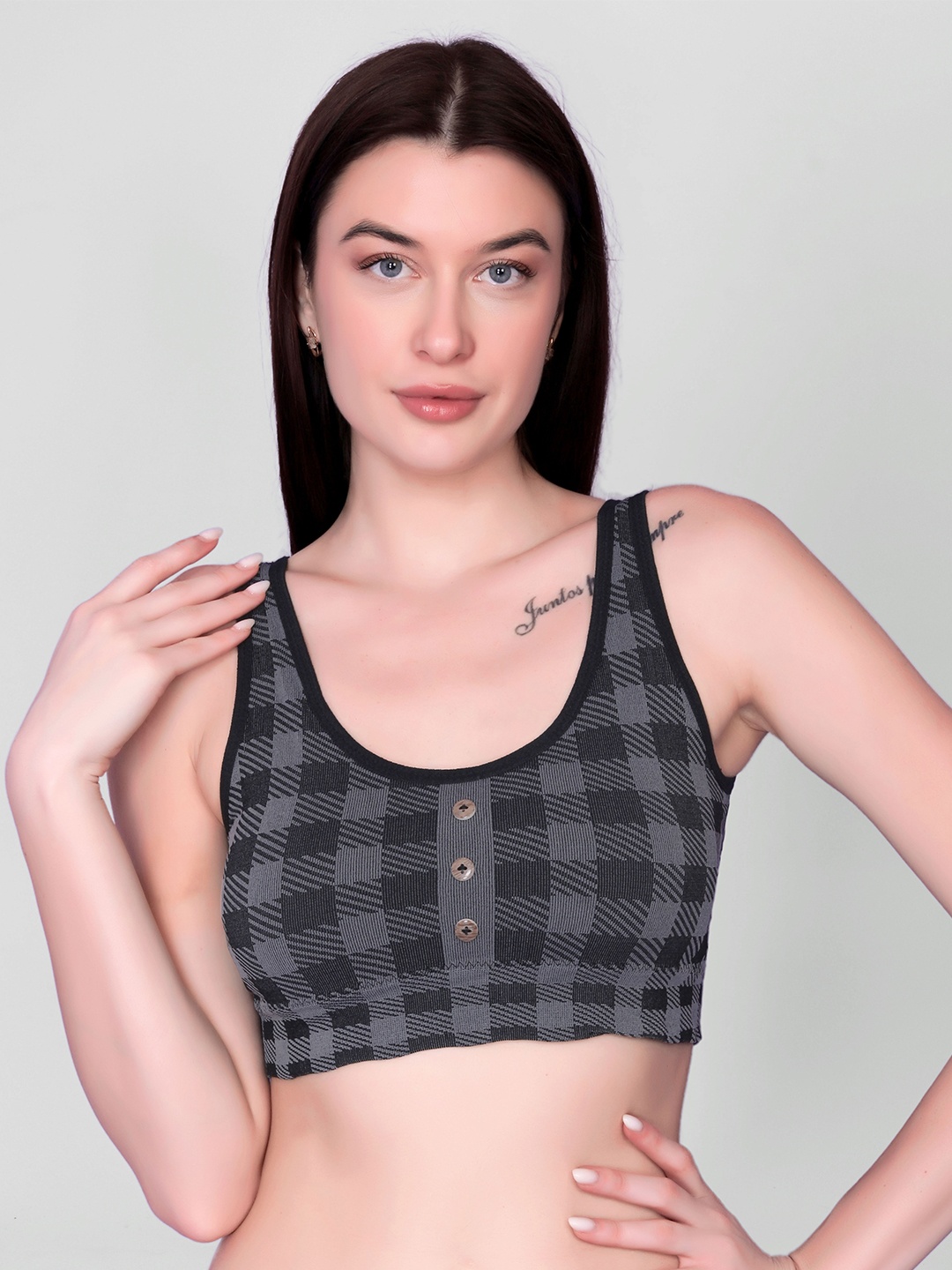 

Flenzy Woven Non-Wired Checked Full Coverage Bra, Black