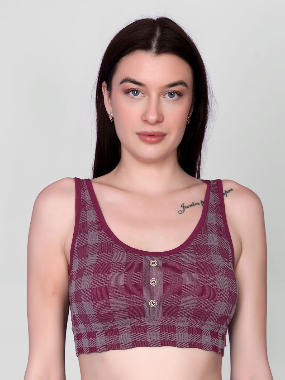 

Flenzy Woven Non-Wired Checked Full Coverage Bra, Maroon
