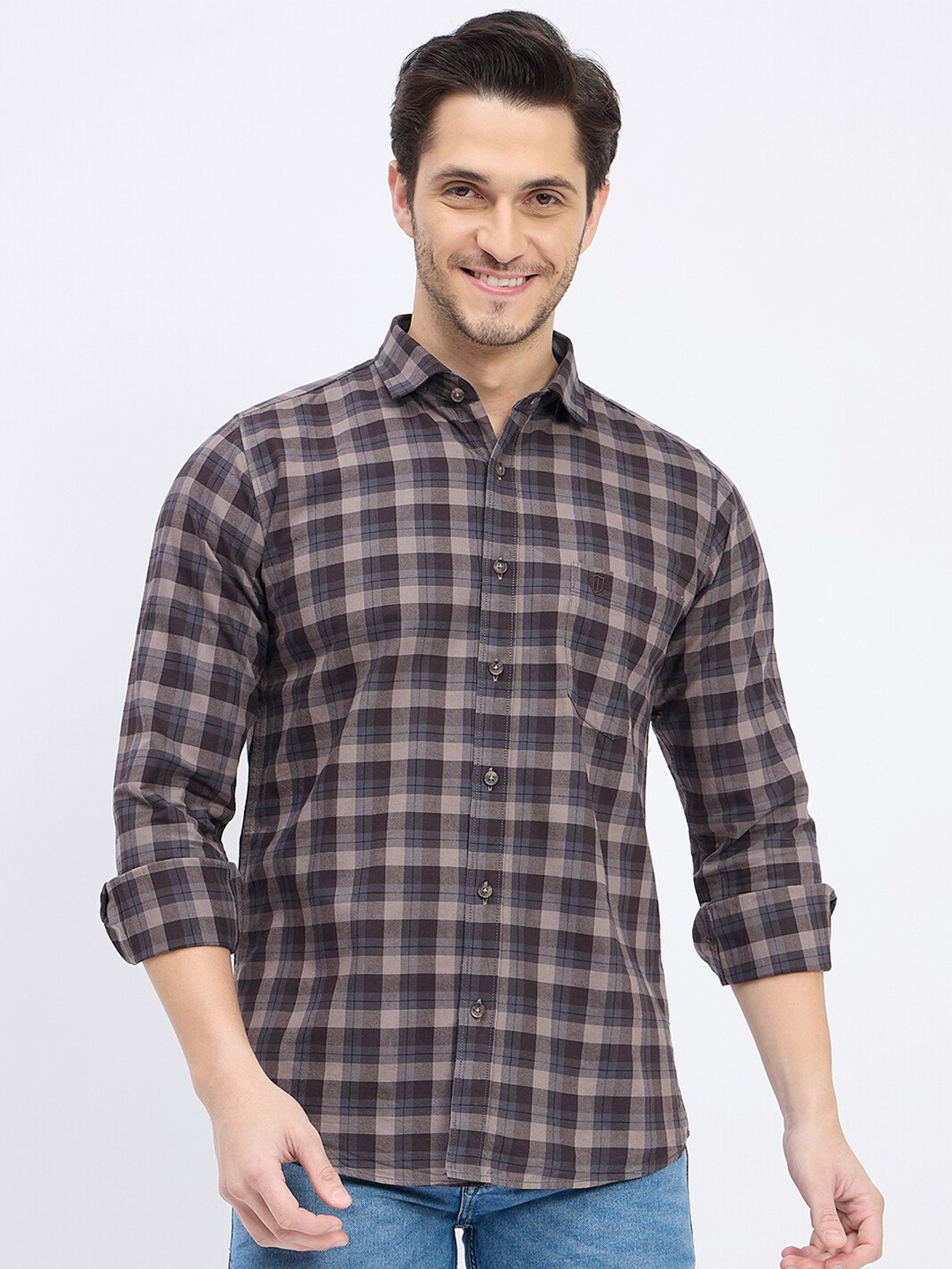 

Duke Men Slim Fit Opaque Checked Casual Shirt, Brown