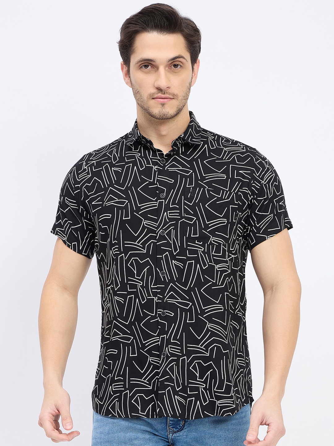 

Duke Slim Fit Abstract Printed Cotton Casual Shirt, Black