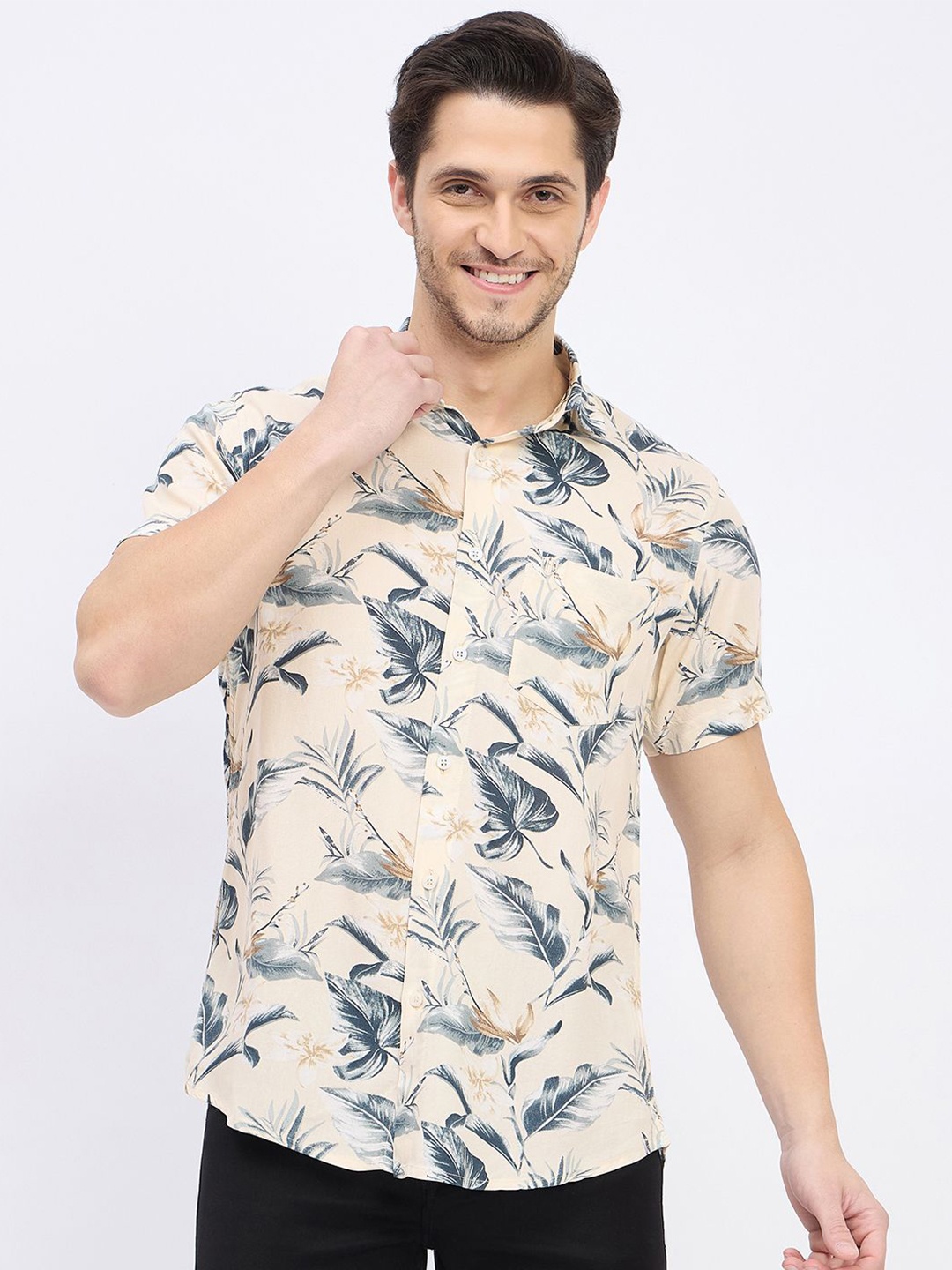

Duke Slim Fit Floral Printed Cotton Casual Shirt, Cream