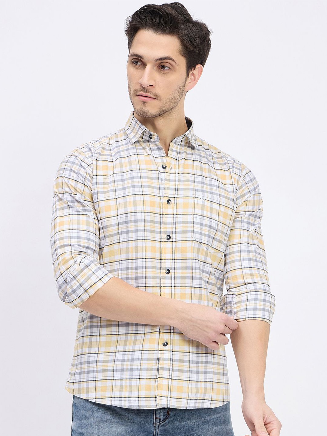 

Duke Slim Fit Tartan Checked Cotton Casual Shirt, Yellow