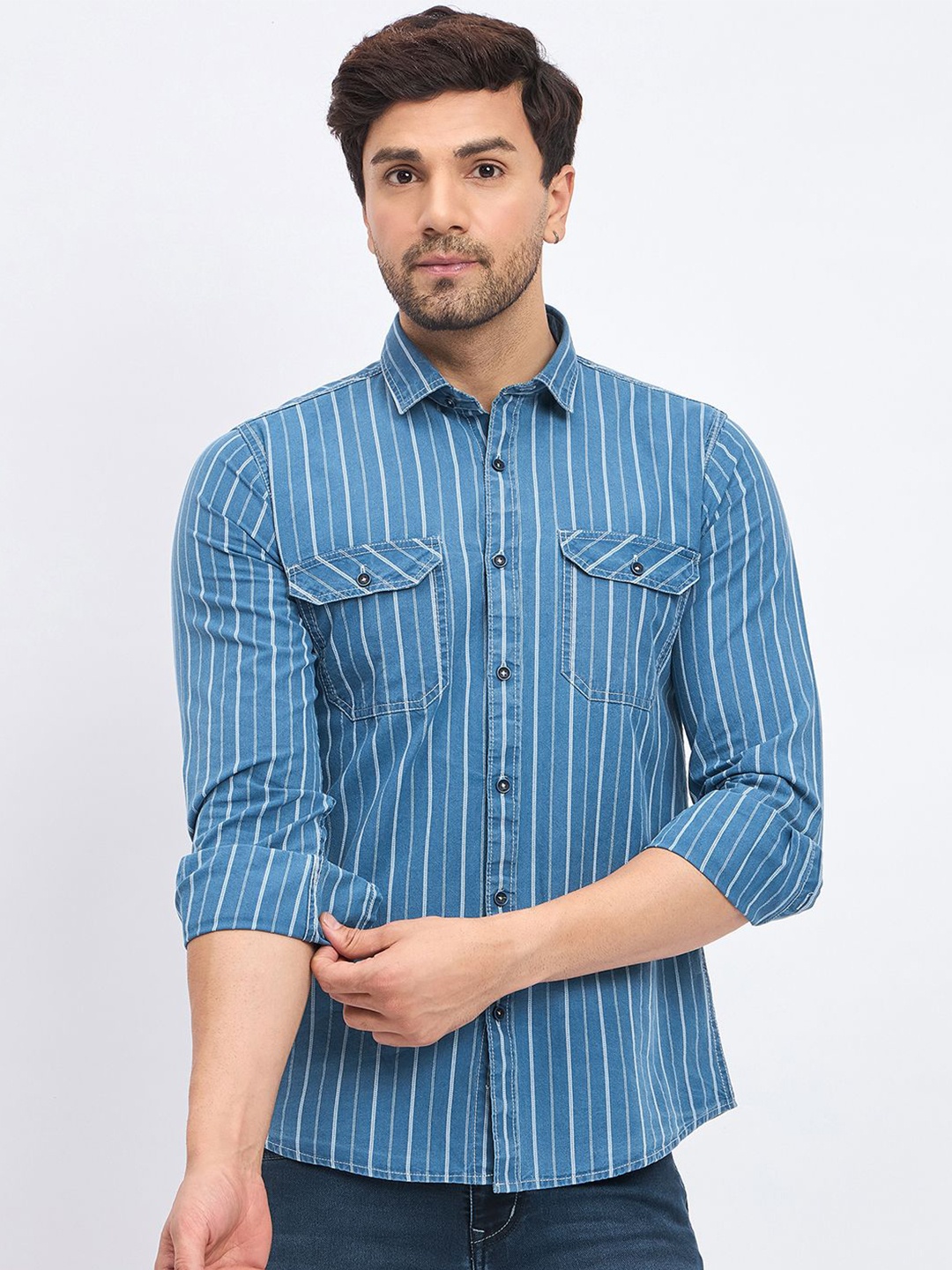 

Duke Men Slim Fit Opaque Striped Casual Shirt, Blue