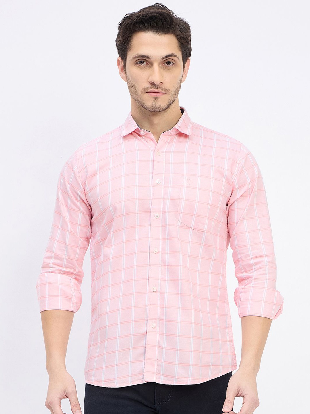 

Duke Men Slim Fit Windowpane Checks Opaque Checked Casual Shirt, Pink