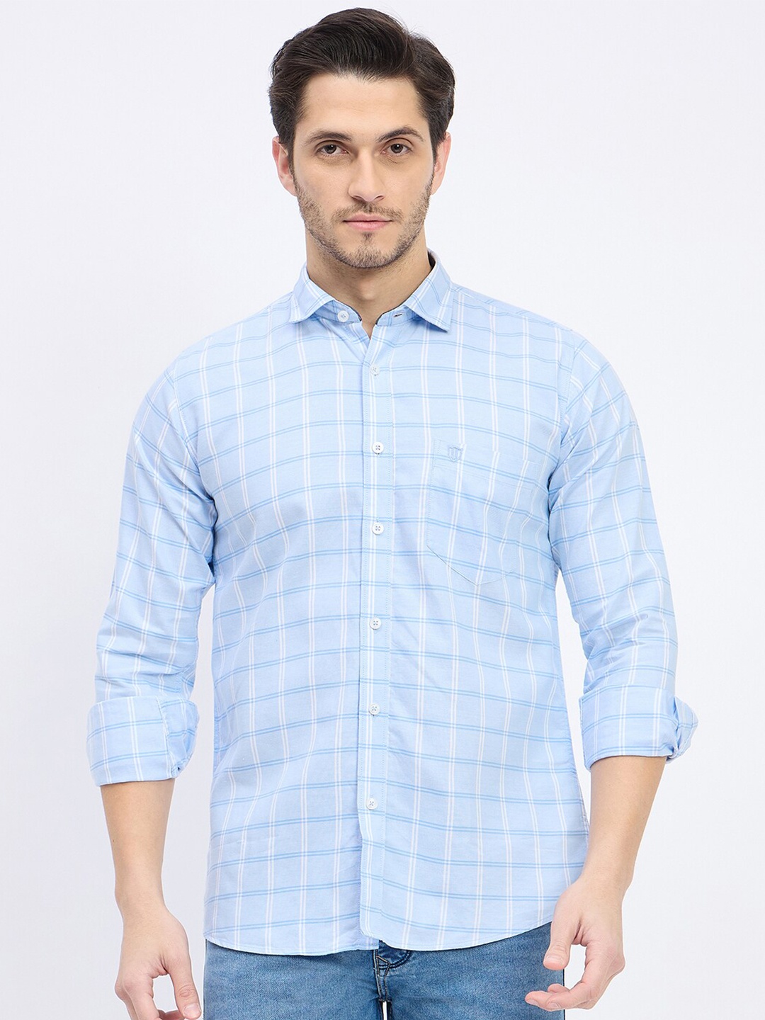 

Duke Men Slim Fit Windowpane Checks Opaque Checked casual Shirt, Blue