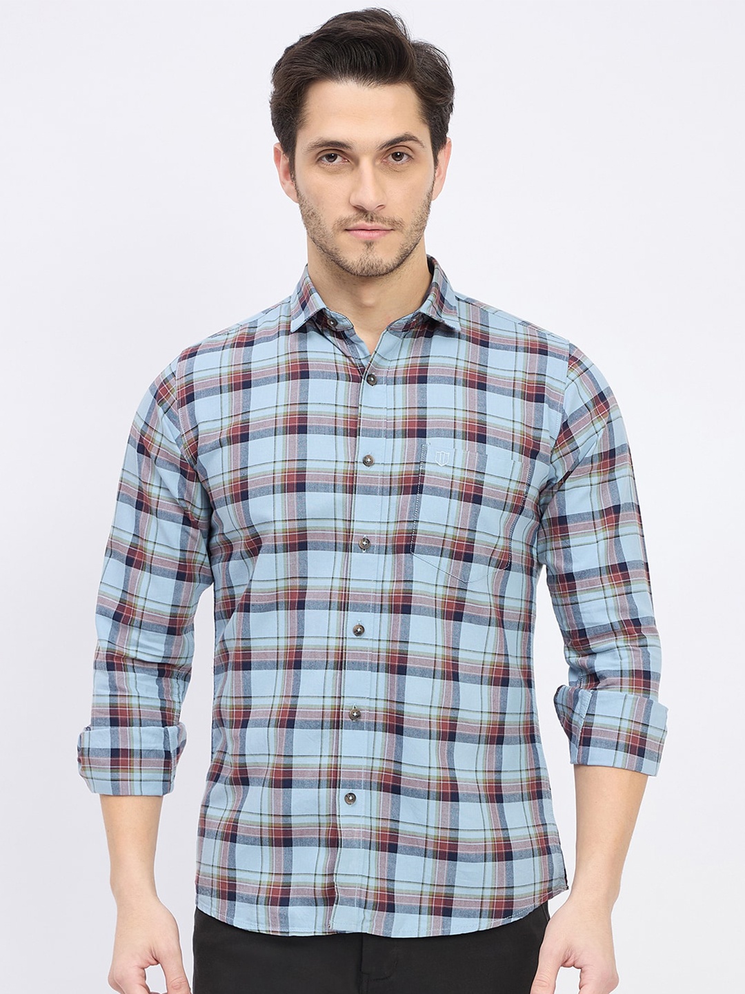 

Duke Slim Fit Tartan Checked Cotton Casual Shirt, Blue
