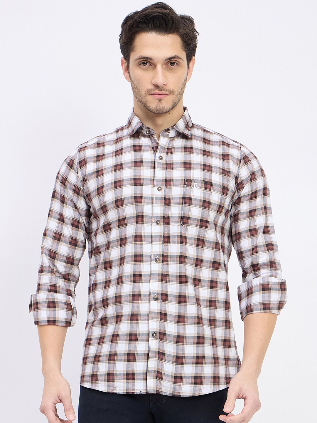 

Duke Men Slim Fit Opaque Checked Casual Shirt, Brown