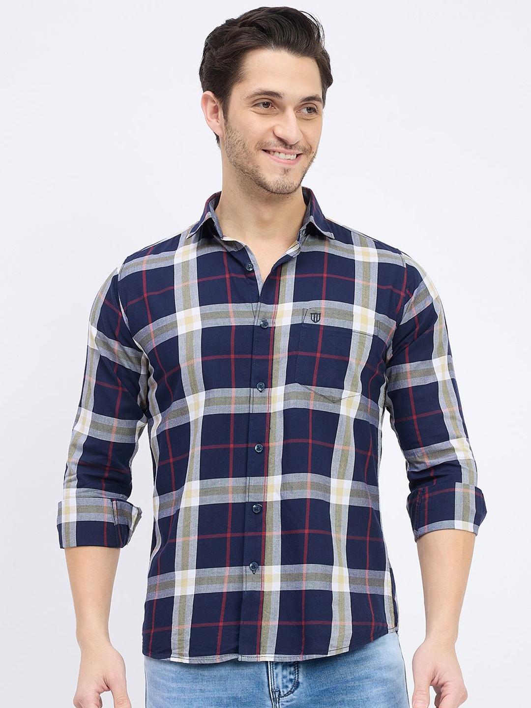 

Duke Men Slim Fit Tartan Checks Opaque Checked Casual Shirt, Blue