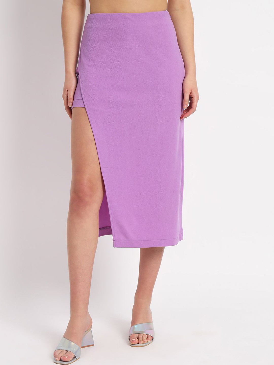 

Zastraa Side Slit Straight Midi Skirt With Attached Inner Shorts, Lavender