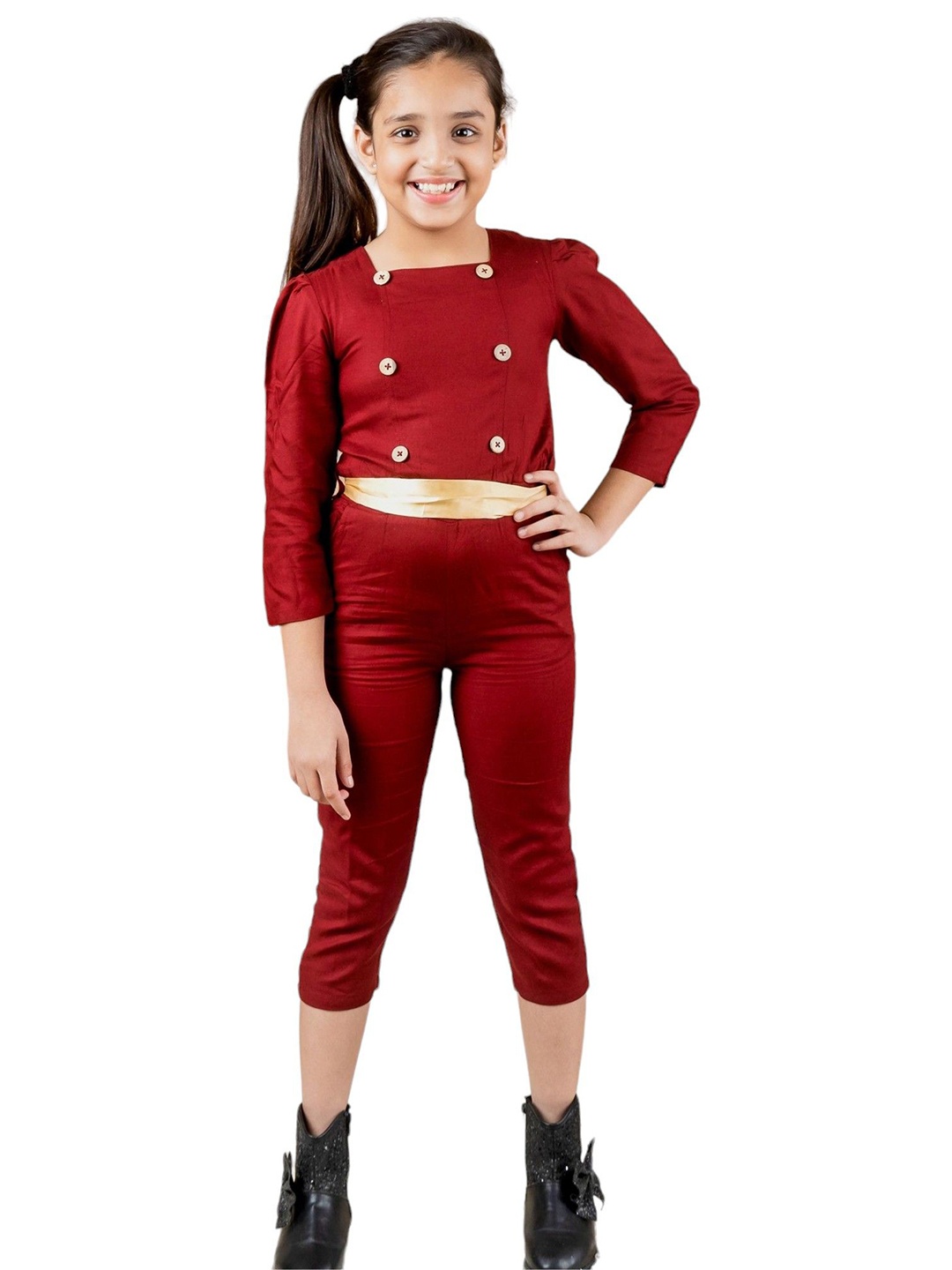 

Kids Cave Girls Square Neck Cotton Basic Jumpsuit, Maroon