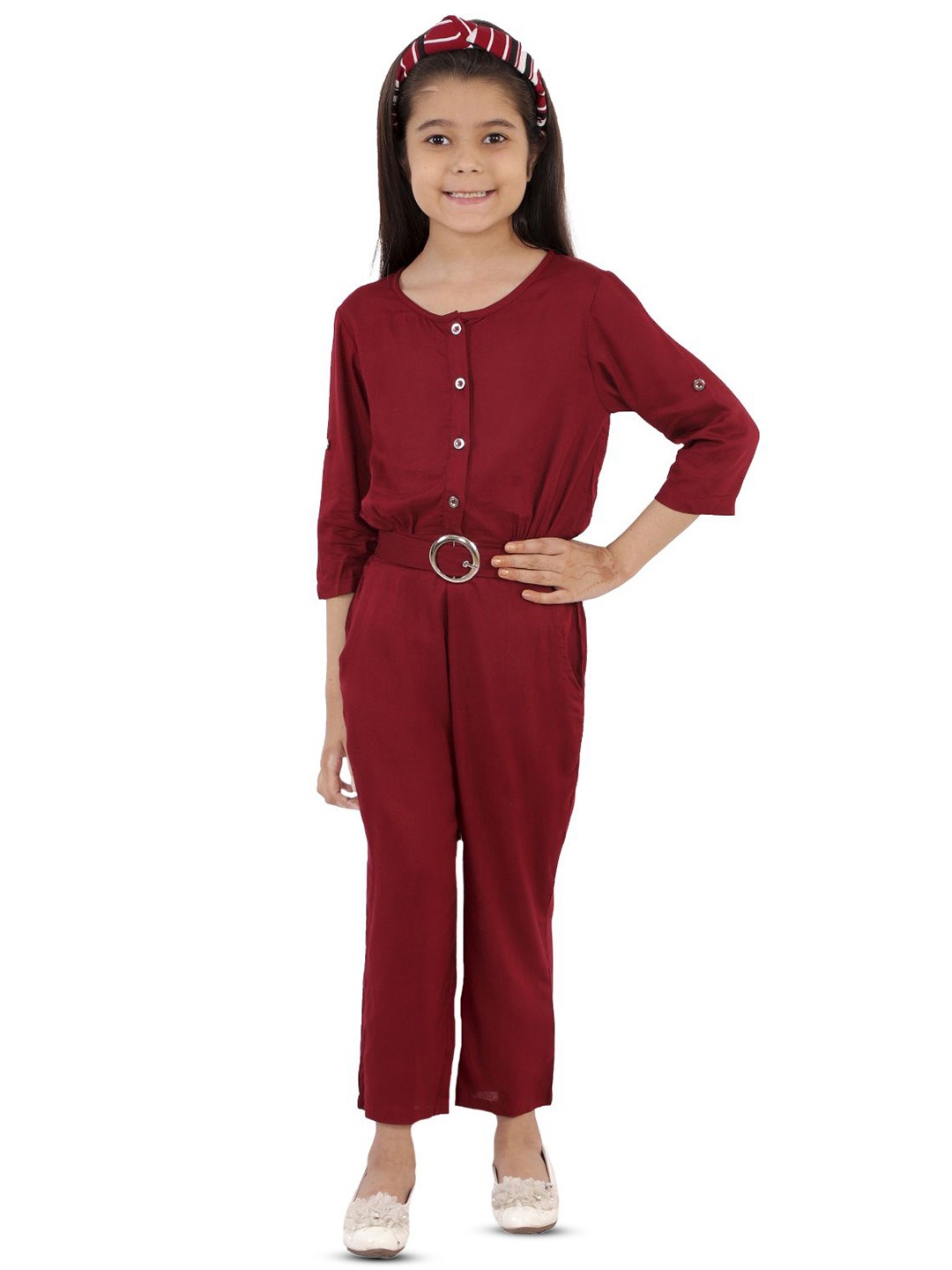 

Kids Cave Girls Round Neck Basic Jumpsuit, Maroon