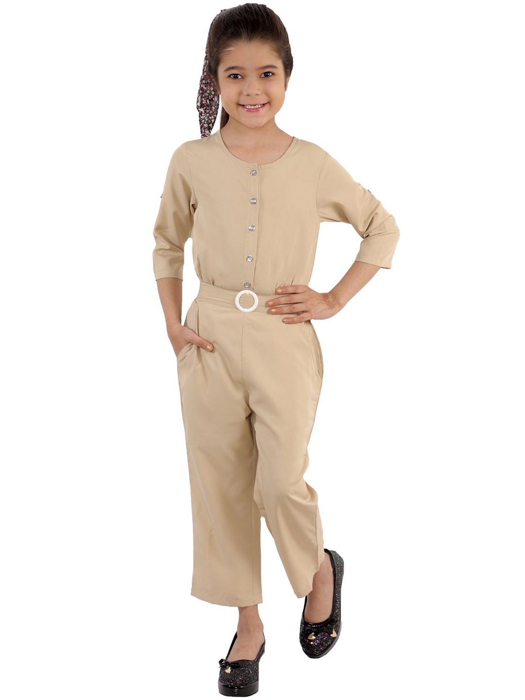

Kids Cave Girls Round Neck Basic Jumpsuit, Beige