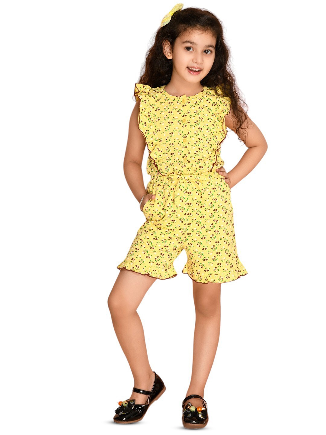 

Kids Cave Girls Floral Printed Basic Jumpsuit With Ruffles, Yellow