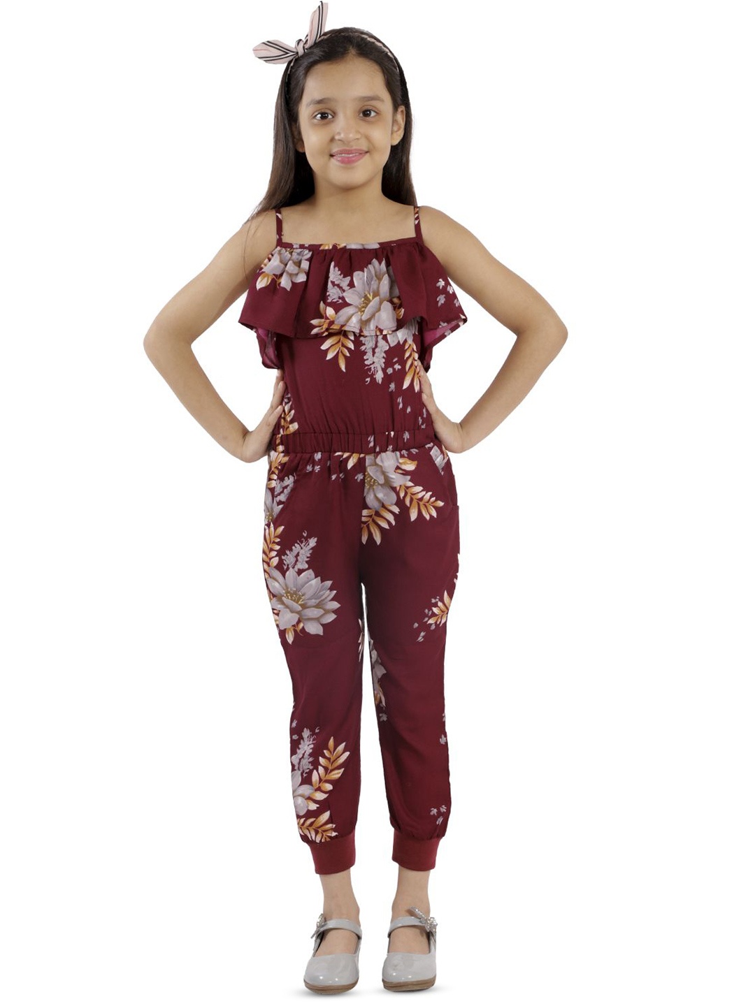 

Kids Cave Girls Printed Basic Jumpsuit, Maroon