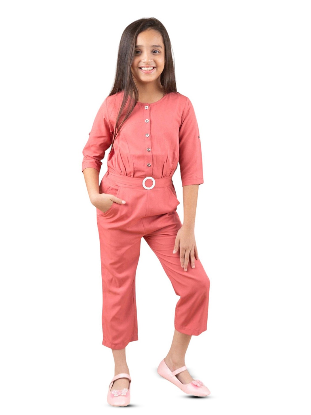 

Kids Cave Girls Round Neck Basic Jumpsuit, Pink