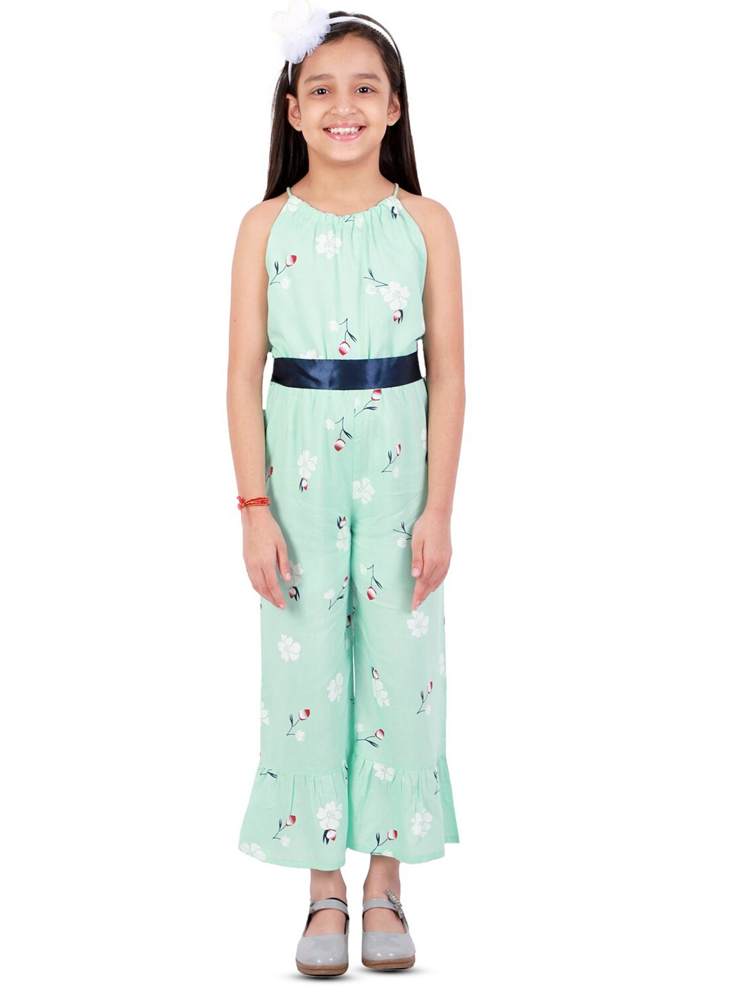 

Kids Cave Girls Floral Printed Halter Neck Basic Jumpsuit, Green