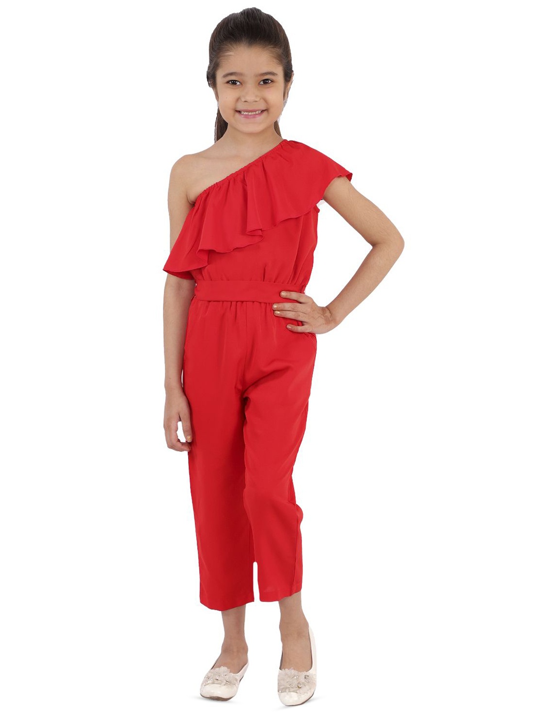 

Kids Cave Girls One Shoulder Ruffles Basic Jumpsuit, Red