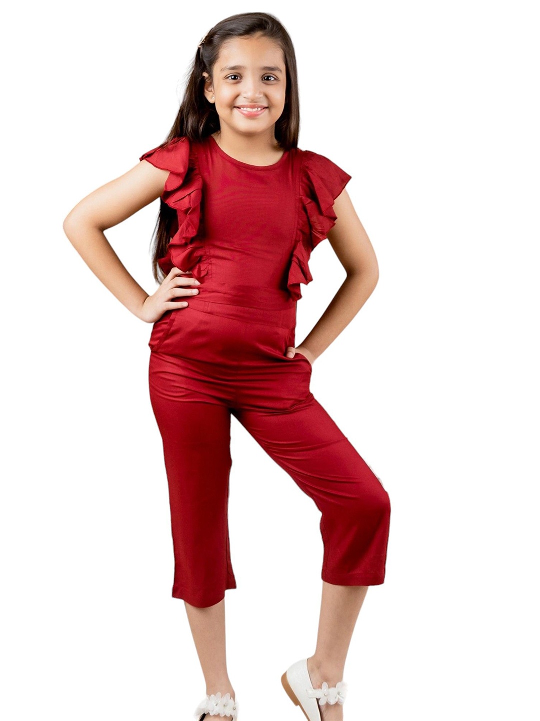 

Kids Cave Girls Round Neck Ruffled Basic Jumpsuit, Maroon