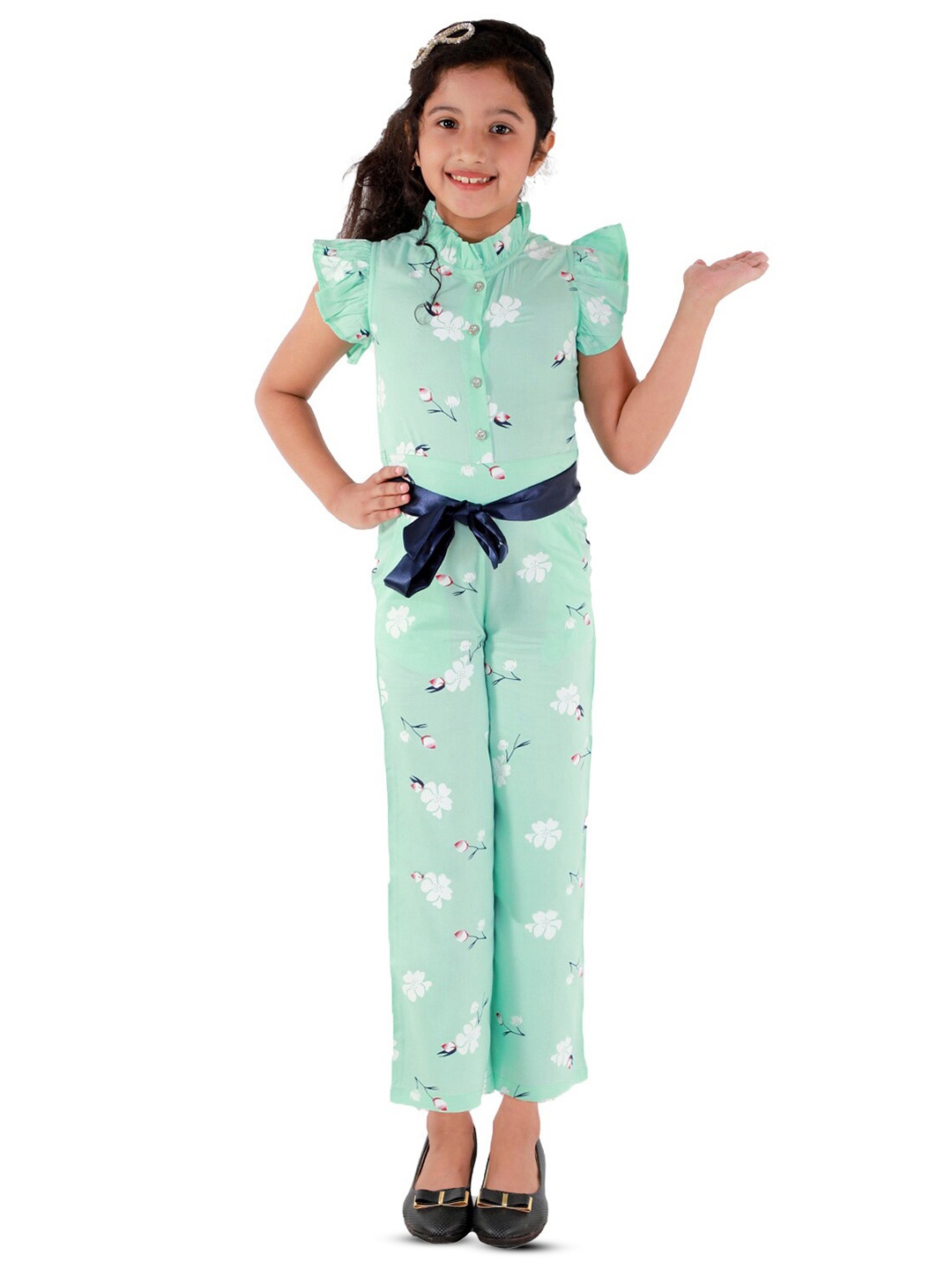 

Kids Cave Girls Printed Ruffles Cotton Jumpsuit, Green