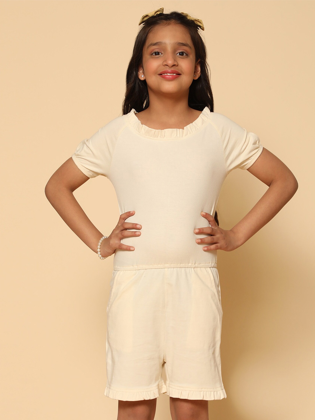 

Kids Cave Girls Round Neck with Ruffles Jumpsuit, Beige