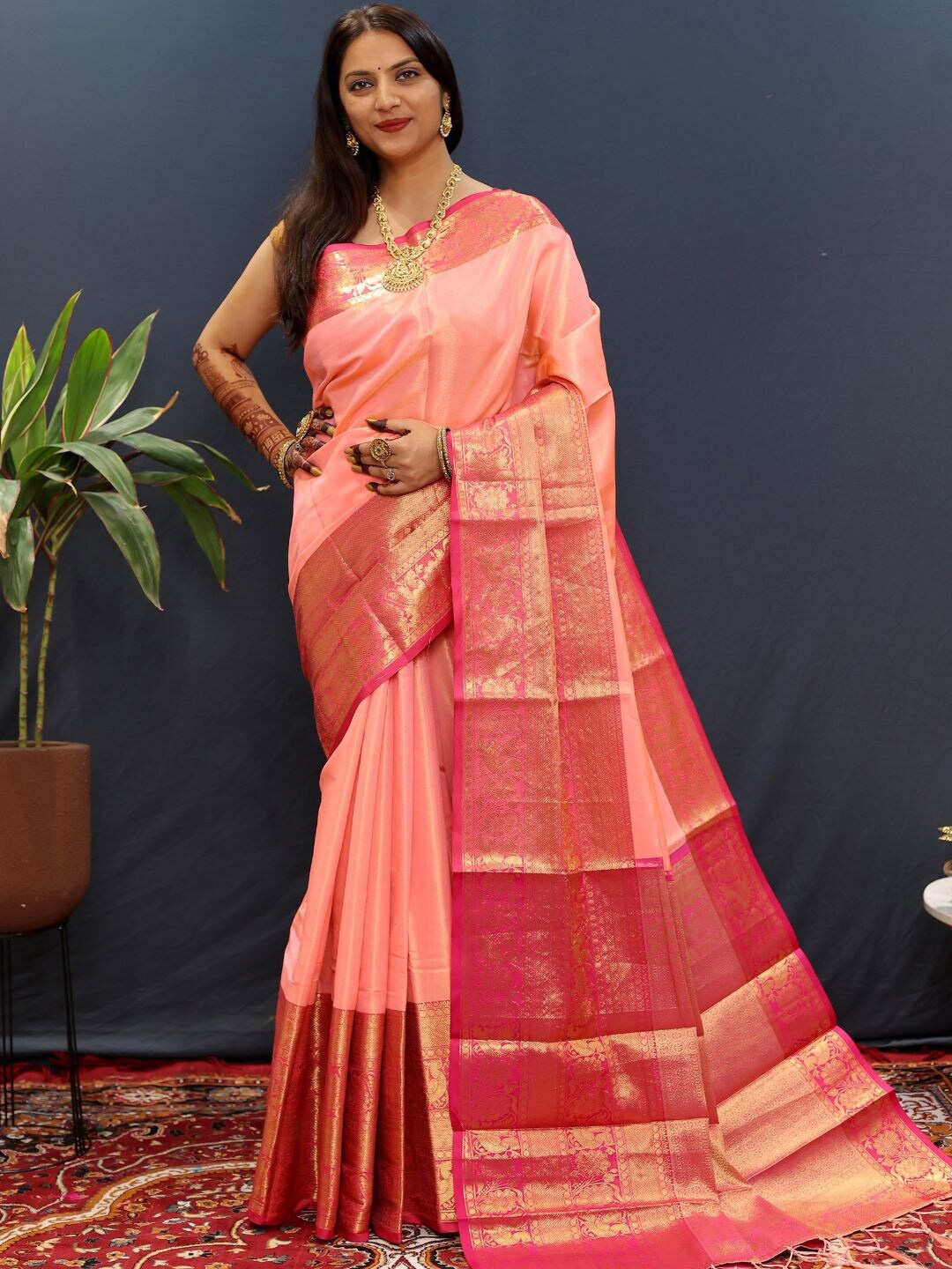 

SGF11 Woven Design Zari Art Silk Kanjeevaram Saree, Peach