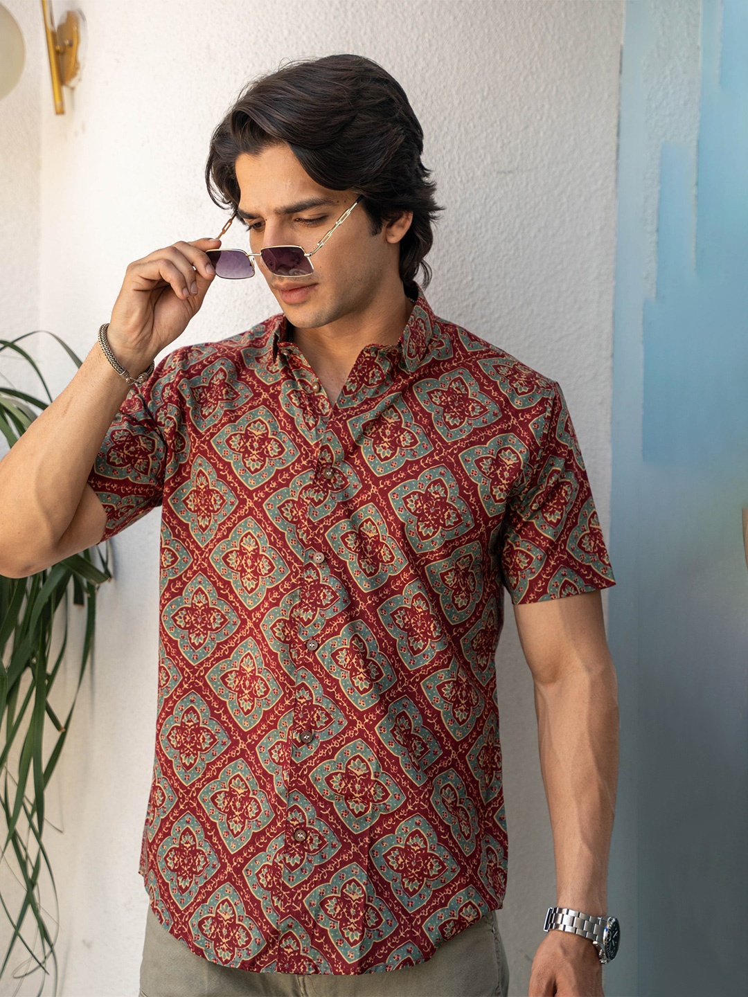 

Shasak Men Classic Opaque Printed Casual Shirt, Red