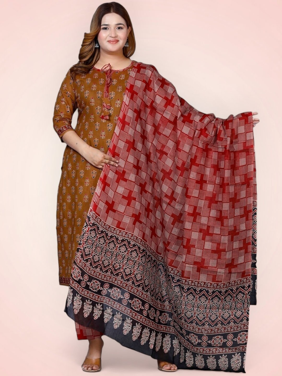 

Jevi Prints Women Ethnic Motifs Printed Pure Cotton Kurta with Trousers & With Dupatta, Brown