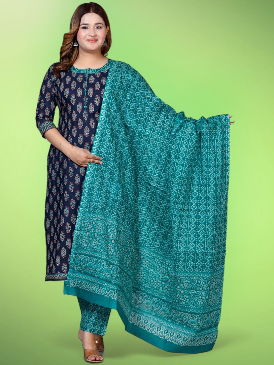 

Jevi Prints Women Ethnic Motifs Printed Regular Pure Cotton Kurta with Salwar & With Dupatta, Blue