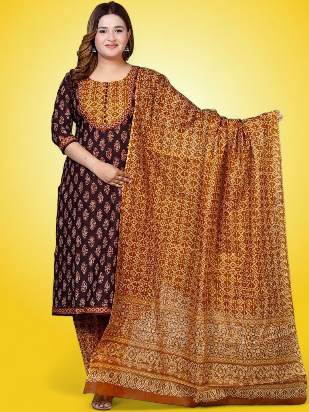 

Jevi Prints Women Ethnic Motifs Printed Regular Pure Cotton Kurta with Salwar & With Dupatta, Brown