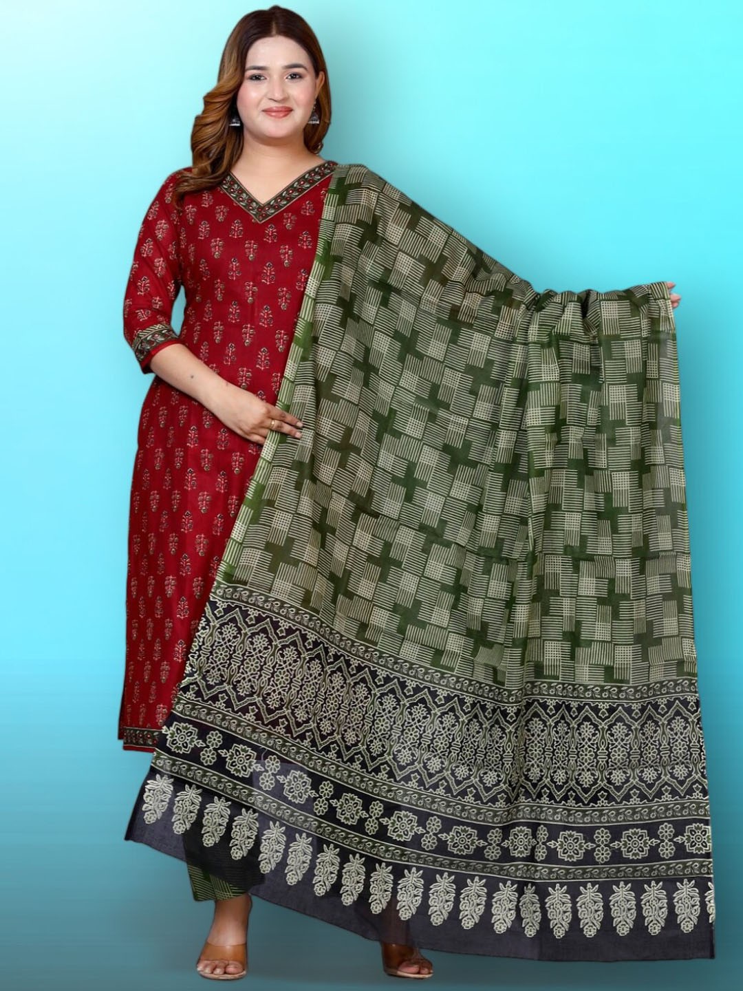 

Jevi Prints Women Ethnic Motifs Printed Regular Pure Cotton Kurta with Trousers & With Dupatta, Red